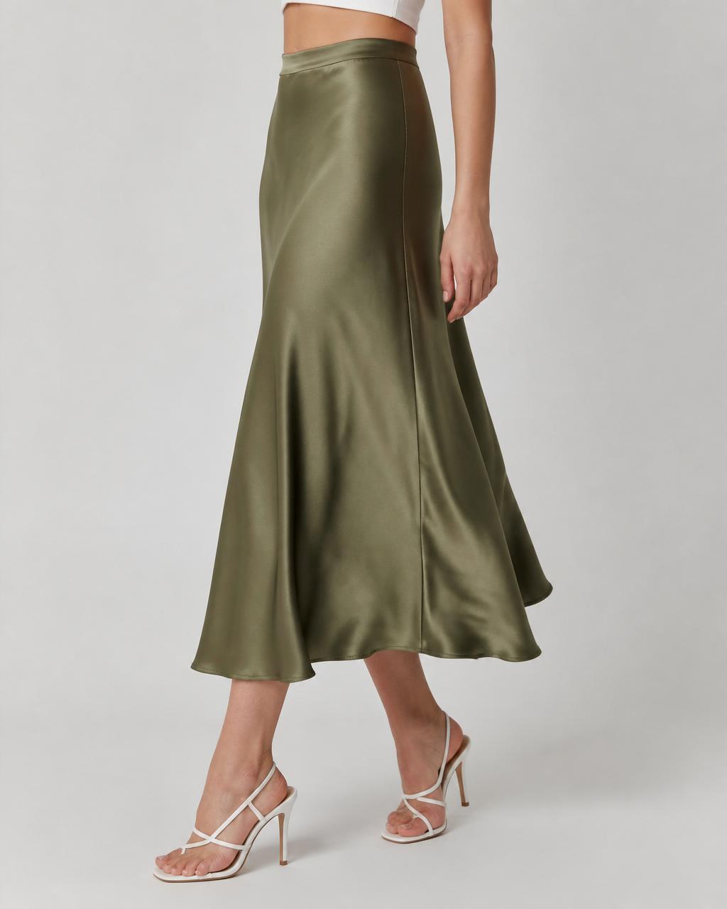 Olive silk midi skirt alternative view